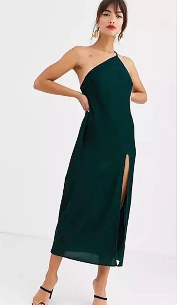 ASOS One Shoulder Dress Dark Green Velvet Slit - Image 3