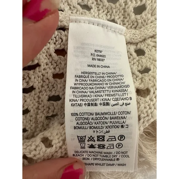 Boden Crochet Sweater Crop Womens L Ivory Fringe Festival Boho Coastal Western - Image 6