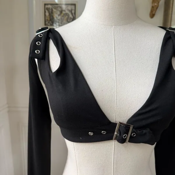 Outcast Harmony Long Sleeve Plunging Neck Crop Top Silver Buckles $65 L - Image 3