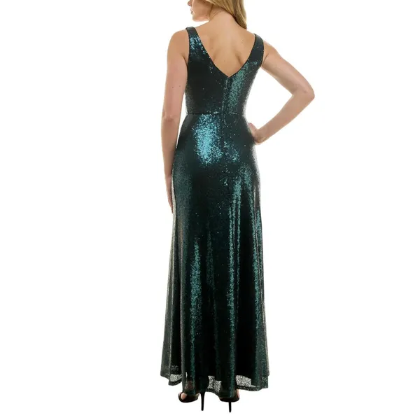 NWT Taylor Stretch Mesh Sequin Cinched Waist Gown Dress Bottle Green 2 - Image 5