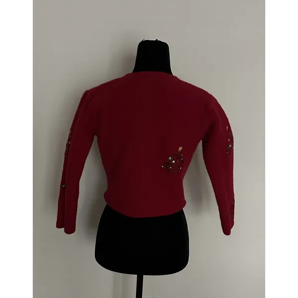 Karen Scott Red 100% Wool VintageCardigan Sweater Sequin Embroidered Tree M Crew - Image 4