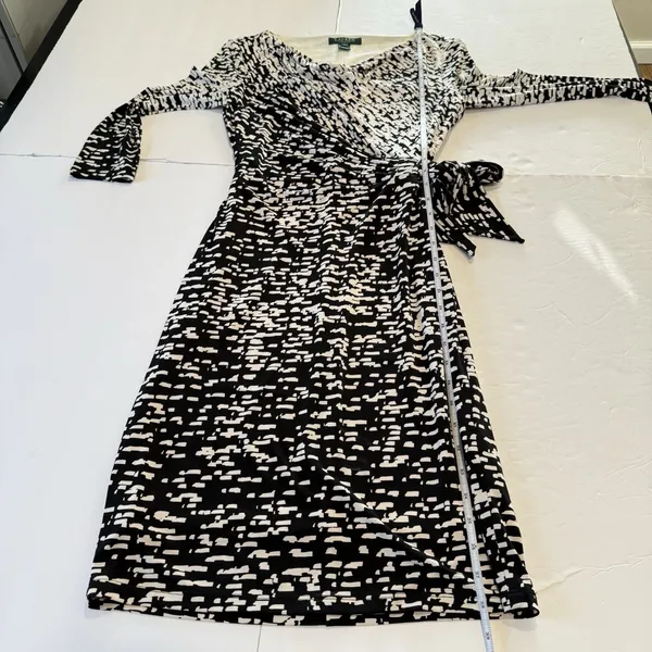 Ralph Lauren Black White‎ Geo Faux Wrap Tie 3/4 Sleeve Stretch Sheath Dress 4 - Image 8