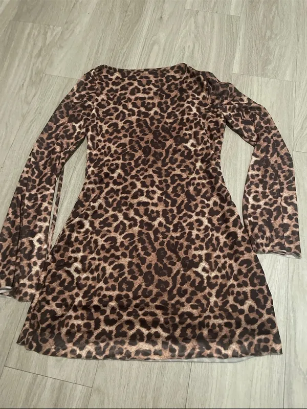 Leopard Print Long Sleeve Mini Dress - Brown/Tan - Image 2