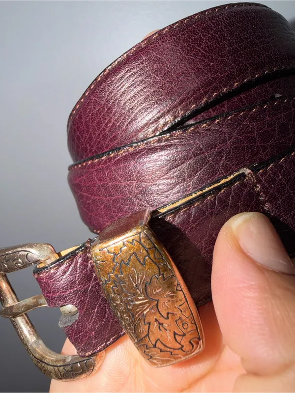 Full Grain Cowhide Leather Belt 36 Burgundy Silver Tone Buckle‎ USA Style - Image 2