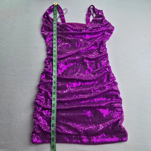 Urban Outfitters Magenta Purple Sequin Cowl Neck‎ Ruched Mini Dress Small - Image 10