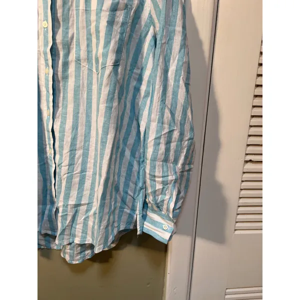 Gap Womens Sz Medium Linen Blend Easy Shirt Button Down Teal White Stripe Pocket - Image 6
