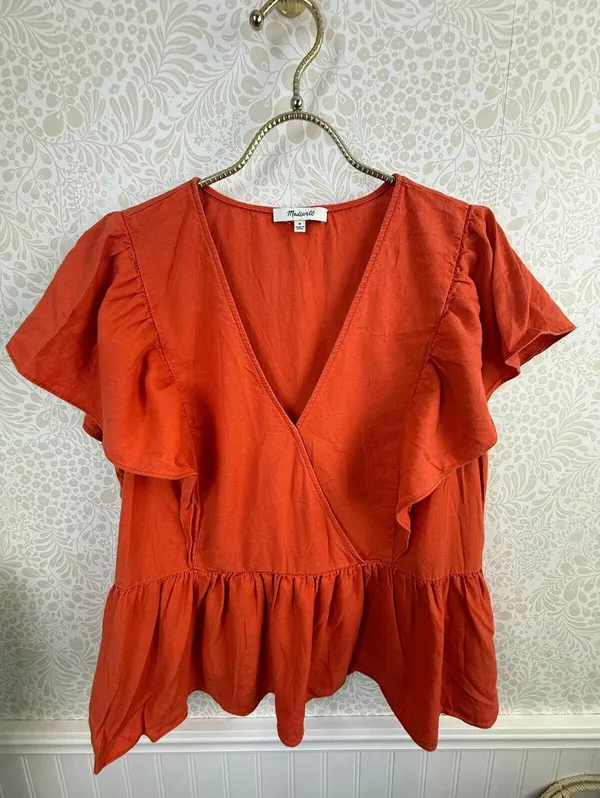 Madewell Rusted Clay Linen-Blend Flutter-Sleeve Peplum Top - Size - Medium - Image 7