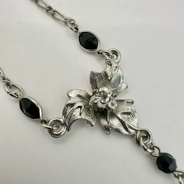 silver tone and black floral rhinestone pendant necklace - Image 6