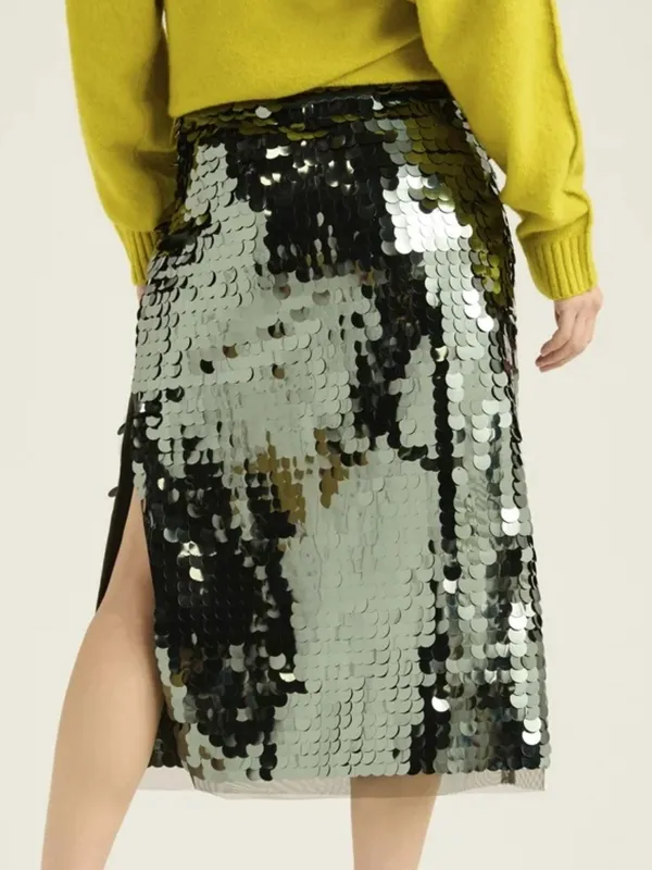 Scoop Olive Green Large Sequin Stretch Low Rise Midi Skirt Size Small NWT - Image 11