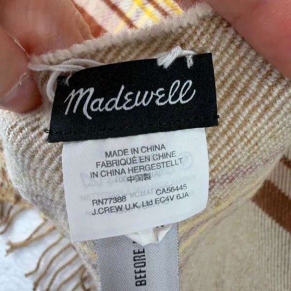 Madewell Placed Plaid Cape Scarf Poncho Fringe Armholes Beige Brown K4535 Preppy - Image 7