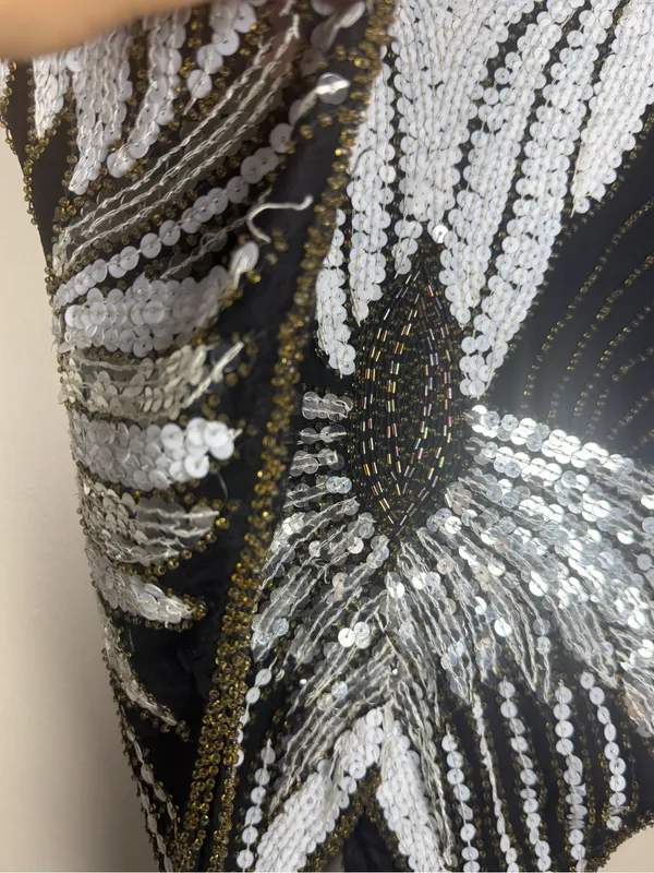Scala Vintage 80s Black + Silver Flower Blouse Top Glam Sequin Beaded Silk - Image 3