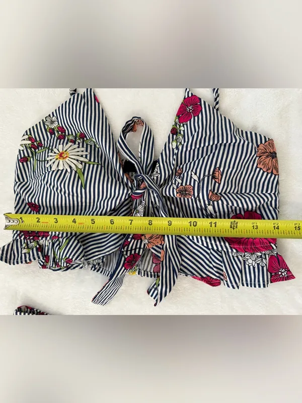 TRAC Floral Stripe Two Piece Set Ruffle Shorts & Tie Front Crop Top S - Image 13