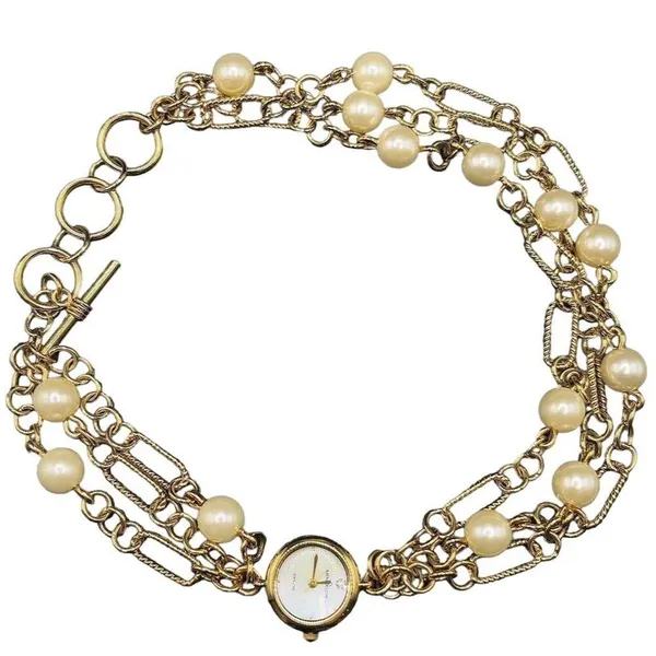 Anne Klein Women's Chunky Bracelet Watch Gold Faux Pearl Wrap Bracelet - Image 3