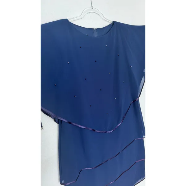 Late 1980s–1990s Patra Blue Chiffon Cape Overlay Beaded Dress Midi XL - Image 16