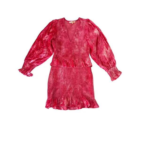 Loveshackfancy Evan Mini Dress Womens‎ Medium Pink Tie Dye Velvet Ruffle Smocked - Image 3