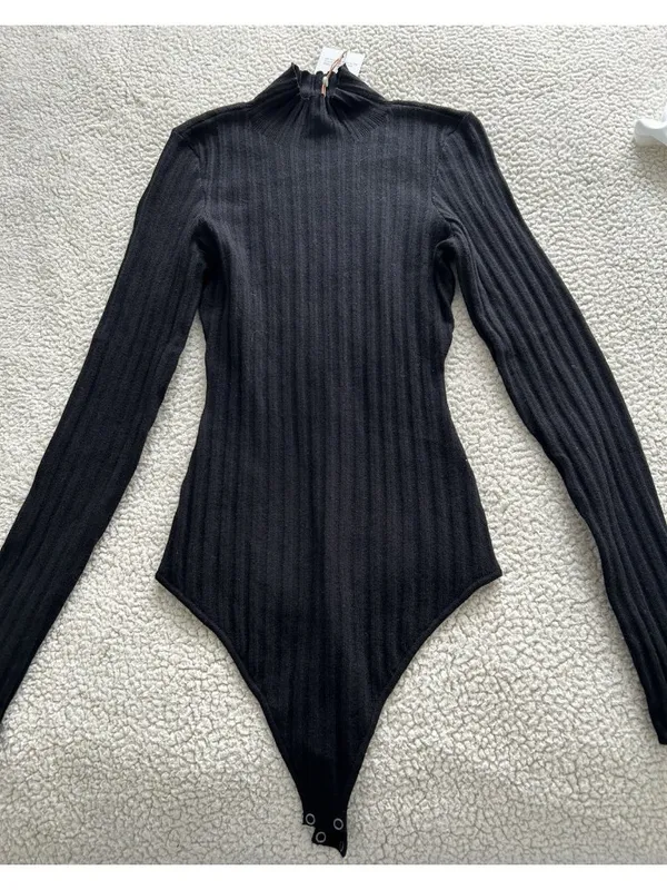 Quince Stretch Ribbed Organic Cotton Cashmere Long Sleeve Bodysuit Black Size S - Image 10