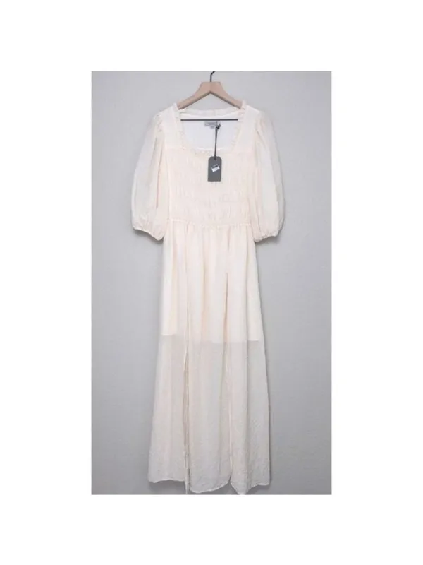 NWT All Saints Livi Tex Maxi Dress 6 Off White Ruched Puff Sleeve Smocked Slit - Image 4