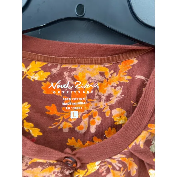 North River Outfitters Womens L Brown Orange‎ Leaf Print Cotton Button Top Fall - Image 3