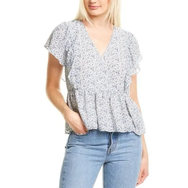 Madewell Georgette Ruffle-Sleeve Peplum Top in Americana‎ Floral Size Small - Image 2