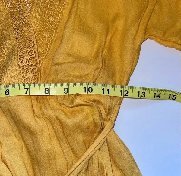 Altar’d State Crochet Wrap Mini Dress Yellow Belted V-neck - Image 12