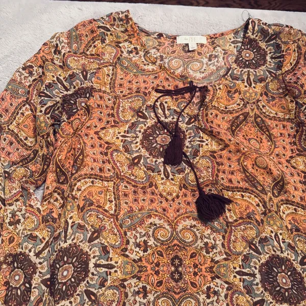Love Fire Sheer Blouse Boho Fairy Gypsy Festival sz L peach‎ tassel neckline - Image 3