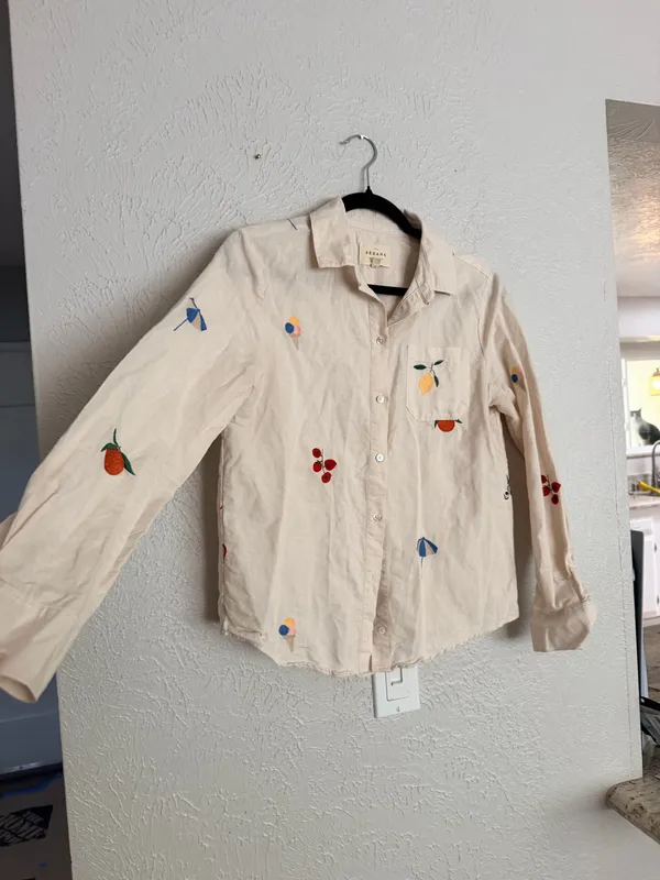 Sézane x Pangea Tomboy Shirt Fruit Floral Embroidered Ecru Linen Button down - Image 12
