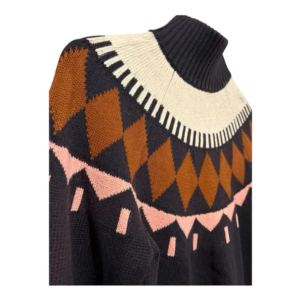 Cotton Wool Knit Fair Isle Navy Blue and Brown Turtleneck Sweater Ski Small - Image 3