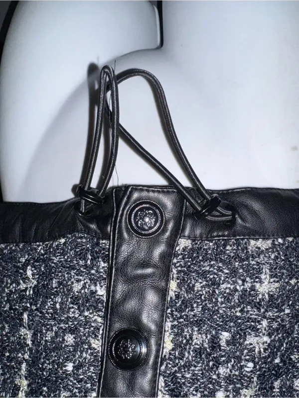 White House Black Market Black Tweed Style Cropped Leather Trim Jacket Large - Image 3