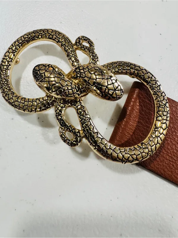 Express Brown Faux Leather Snake Buckle Belt Gold Snake Head Size Small - Image 7