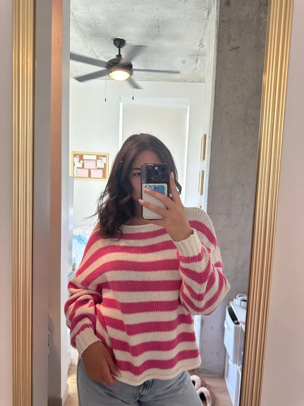 American Eagle Pink And White Striped Off The Shoulder Sweater - Image 3