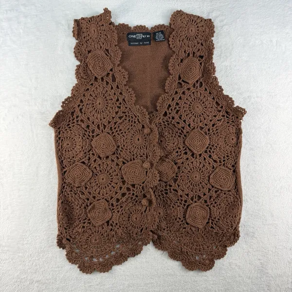 Vintage Hand Knitted OS Crochet Vest Boho‎ Cottage 90s Y2K Brown Earthy Hippie - Image 3