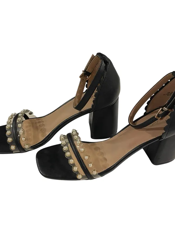 Comfort Sandals Black Faux Leather Pearl Embellished Block Heel Women’s 9W - Image 2
