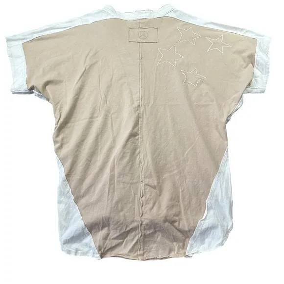 Blue Velvet Tan Star Embroidered V-Neck‎ Cotton Top Two-Tone Boho NEW Oversized - Image 14