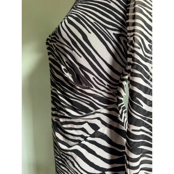 Nine West Zebra Print Mock Neck Ruched Long Sleeve Midi Dress Small Black y2k glam party - Image 2
