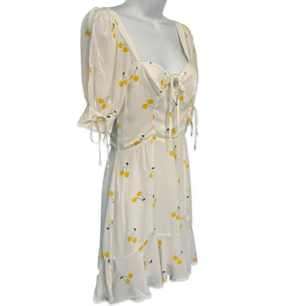 For Love & Lemons White Yellow Cherry Ashland Lace Up Mini Dress size XS NEW Tag - Image 9