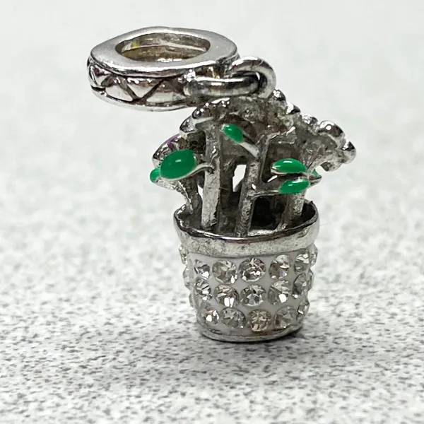 Silver Tone Enamel Crystal Flower Pot Charm Spring Garden Jewelry Making Gift - Image 4
