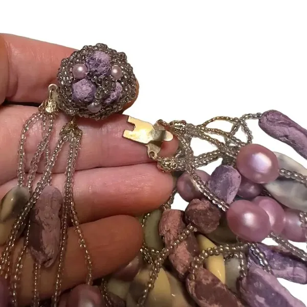 Vintage Japan Multi Strand Stone, Resin, Bead Necklace - Image 7