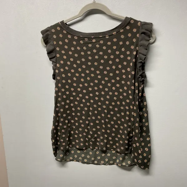 LOFT Petite Womens Top Size M‎ Olive Green Floral Ruffle Sleeve Casual - Image 2