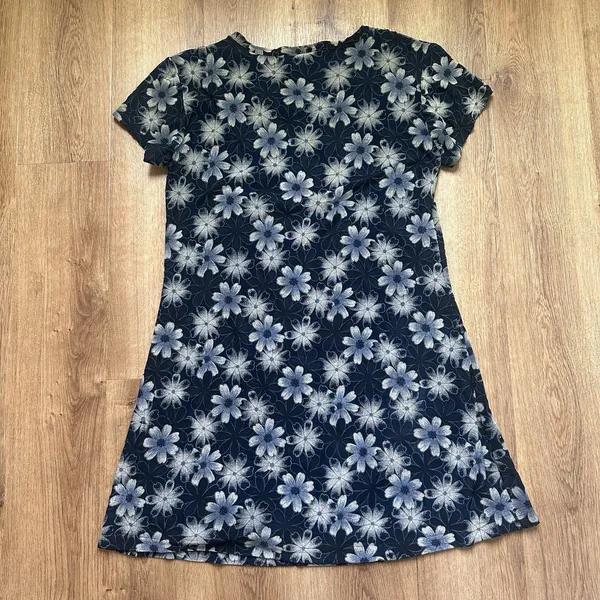 Vintage‎ Women's 90s Y2K Short Sleeve Floral Mini Dress Navy Black Tan - Image 9