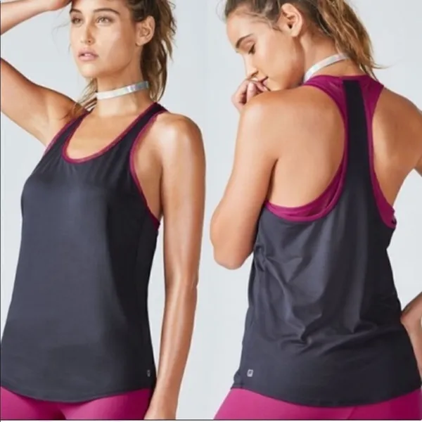 Fabletics Grey & Pink Mesh Layered Racerback Athletic Tank Top - Image 2