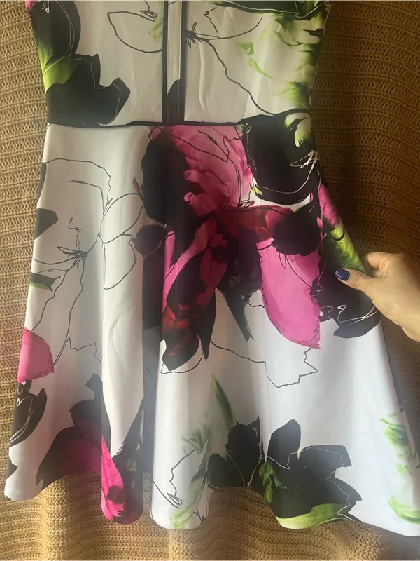 Floral V-Neck Midi Dress in White with Pink & Green Accents - Image 4