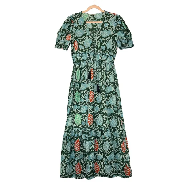 Lukap Paris Floral Cotton Maxi Dress Green Blue Smocked Puff Sleeve S/M Boho‎ - Image 2