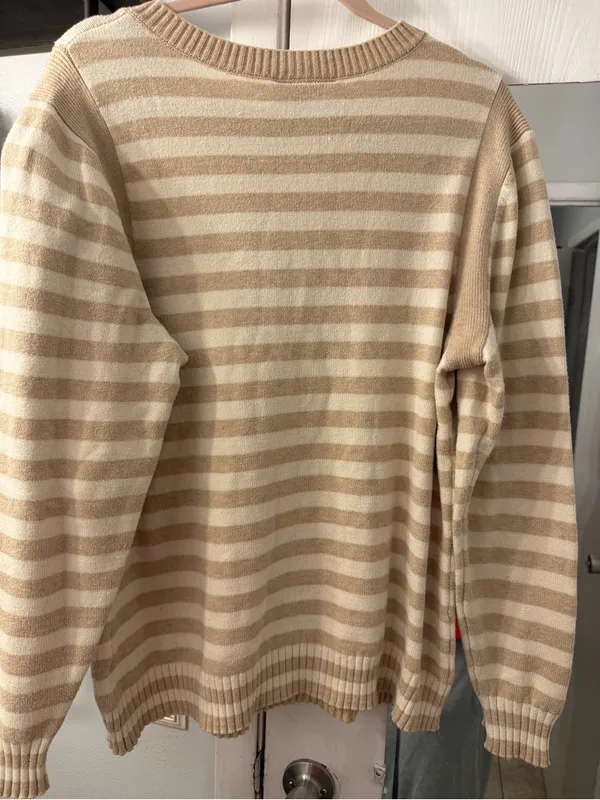 Lane Bryant Cream and Tan Striped Button-Shoulder Crew Sweater - Image 5