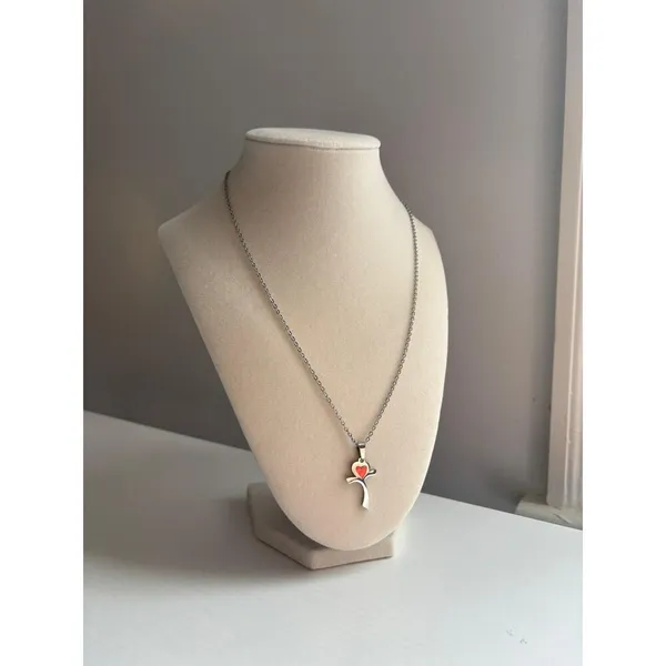 Cross Necklace Red Heart Pendant Silver Stainless Steel Minimal Jewelry - Image 4