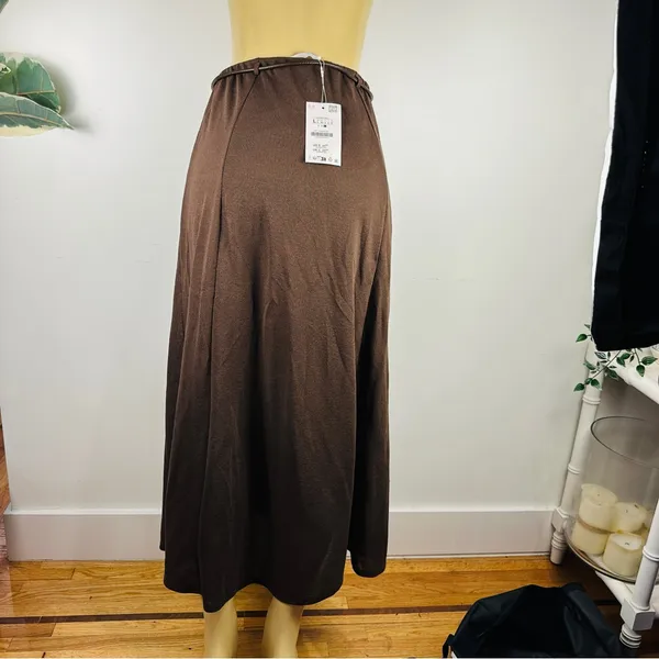 New Zara Loose Maxi Skirt Sz L Brown Flowy Belted Pull On Lightweight NWT - Image 4