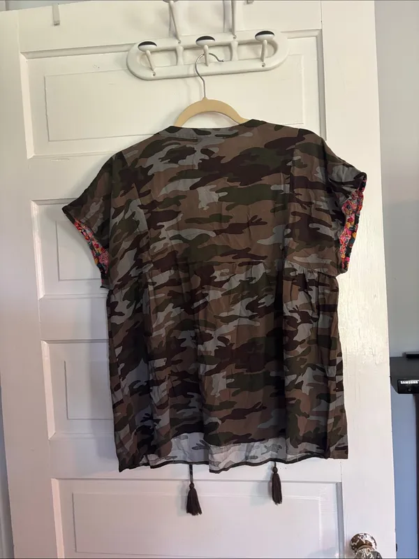 Floral Embroidered Camo Peasant Top - Green/Multicolor - Image 5