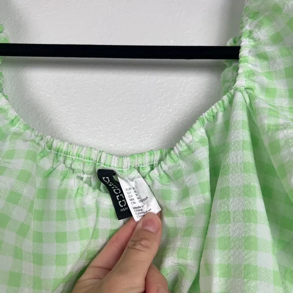 H&M Divided‎ Women Green Gingham Puff Sleeve Sweetheart Dress M - Image 4