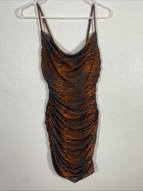 Princess Polly Brown Tiger-Print Ruched Mini Dress Size 2 - Image 4