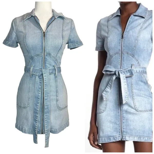 Alice + Olivia Jeans Blue Denim‎ Mini Dress Size 2 Zipper Front Pockets Belted - Image 2