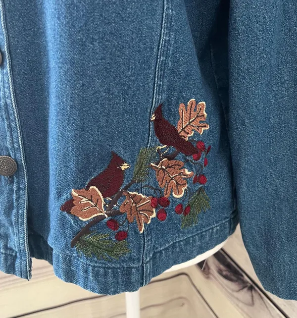 North Crest Vintage Denim Winter Embroidered Button Down Shirt Jacket - Image 3